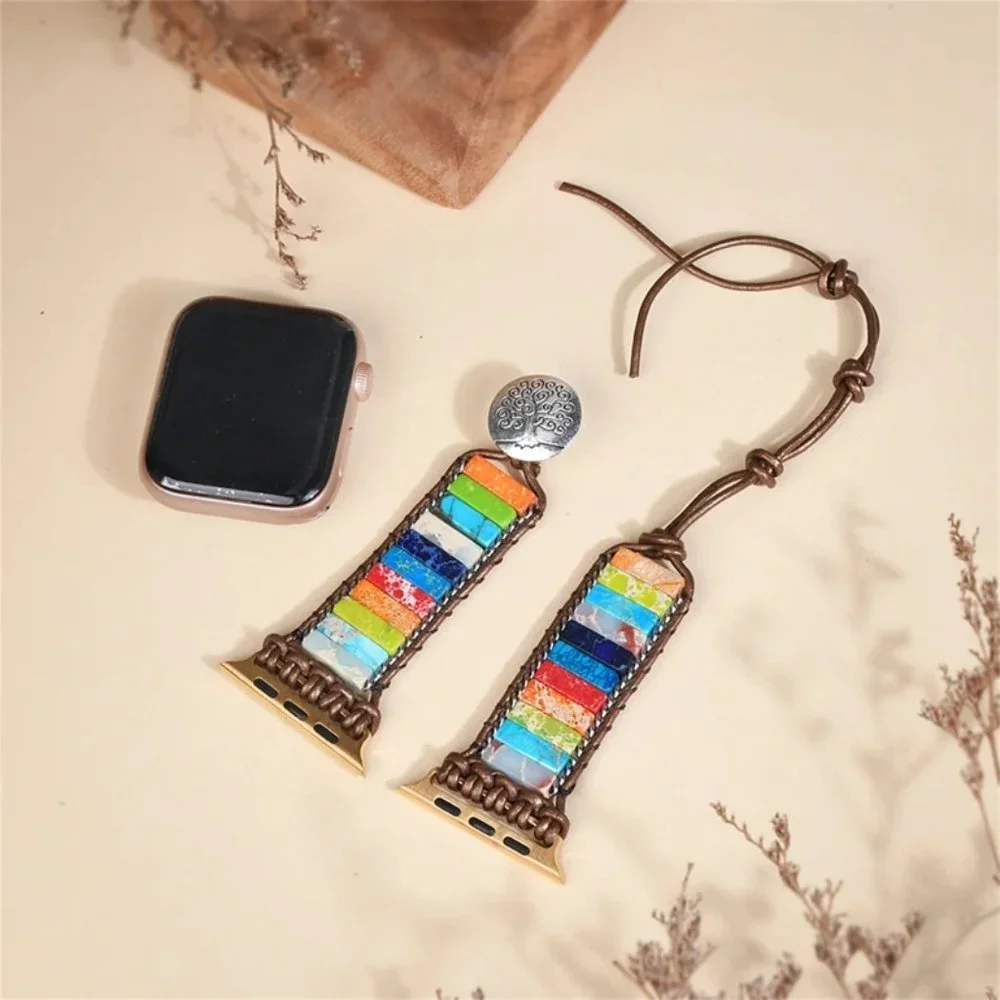7 Chakra Gemstone Leather Watch Band Strap for Apple Watch 8 7 6 5 / 38 40 41 mm